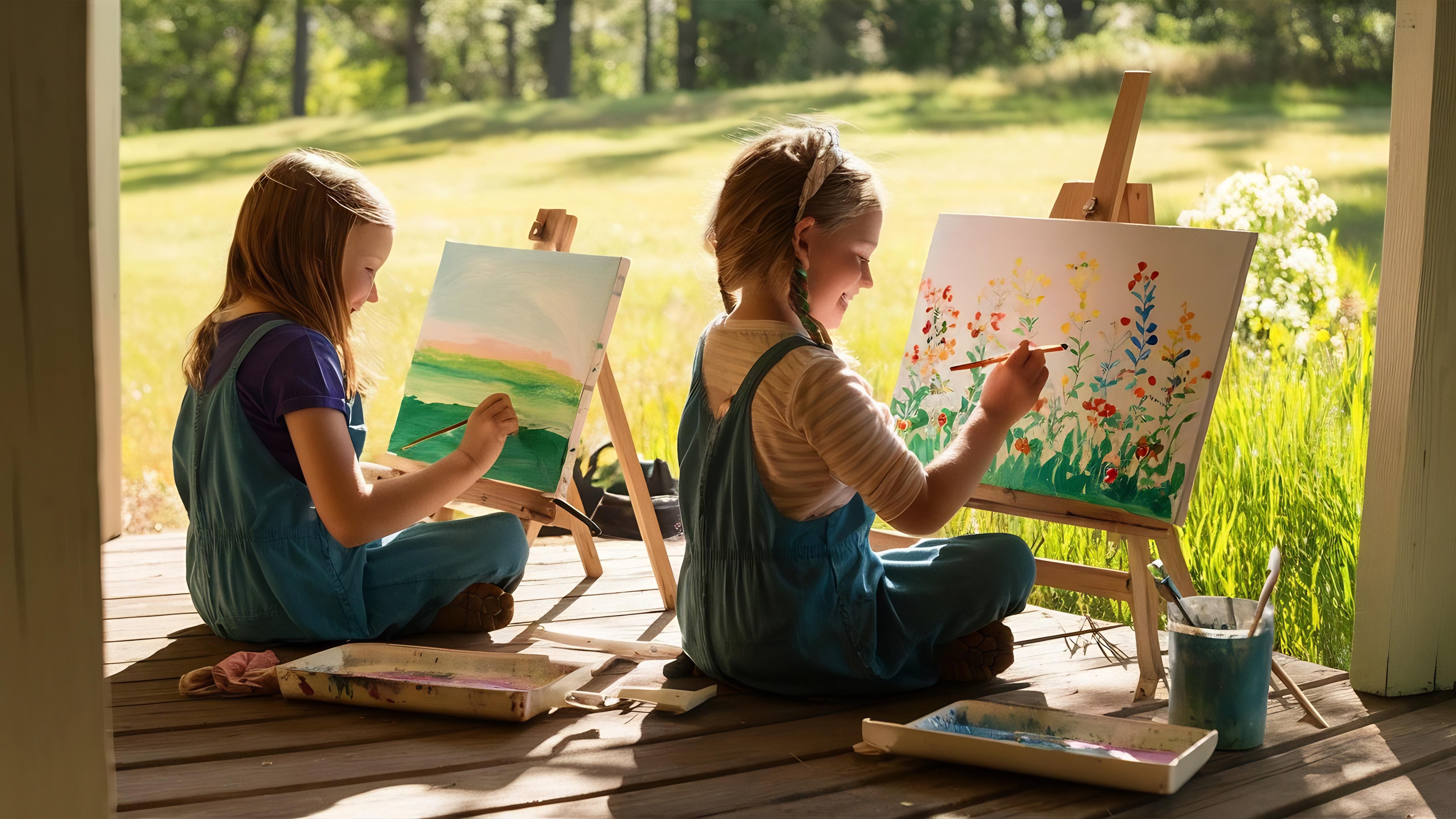 Niños dibujando y pintando al aire libre